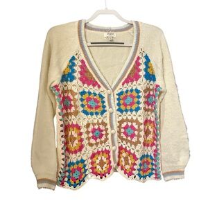 Umgee Granny Square Crochet Knit Sweater Cardigan Size M